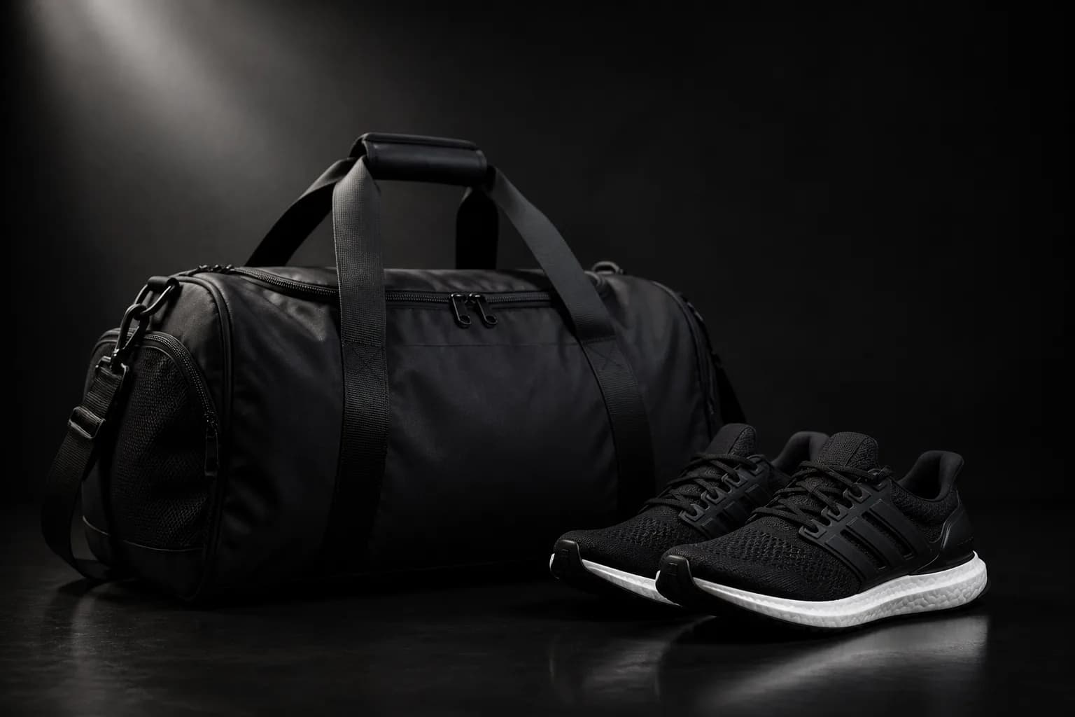 Black NVRR gym duffel bag beside black and white running shoes
