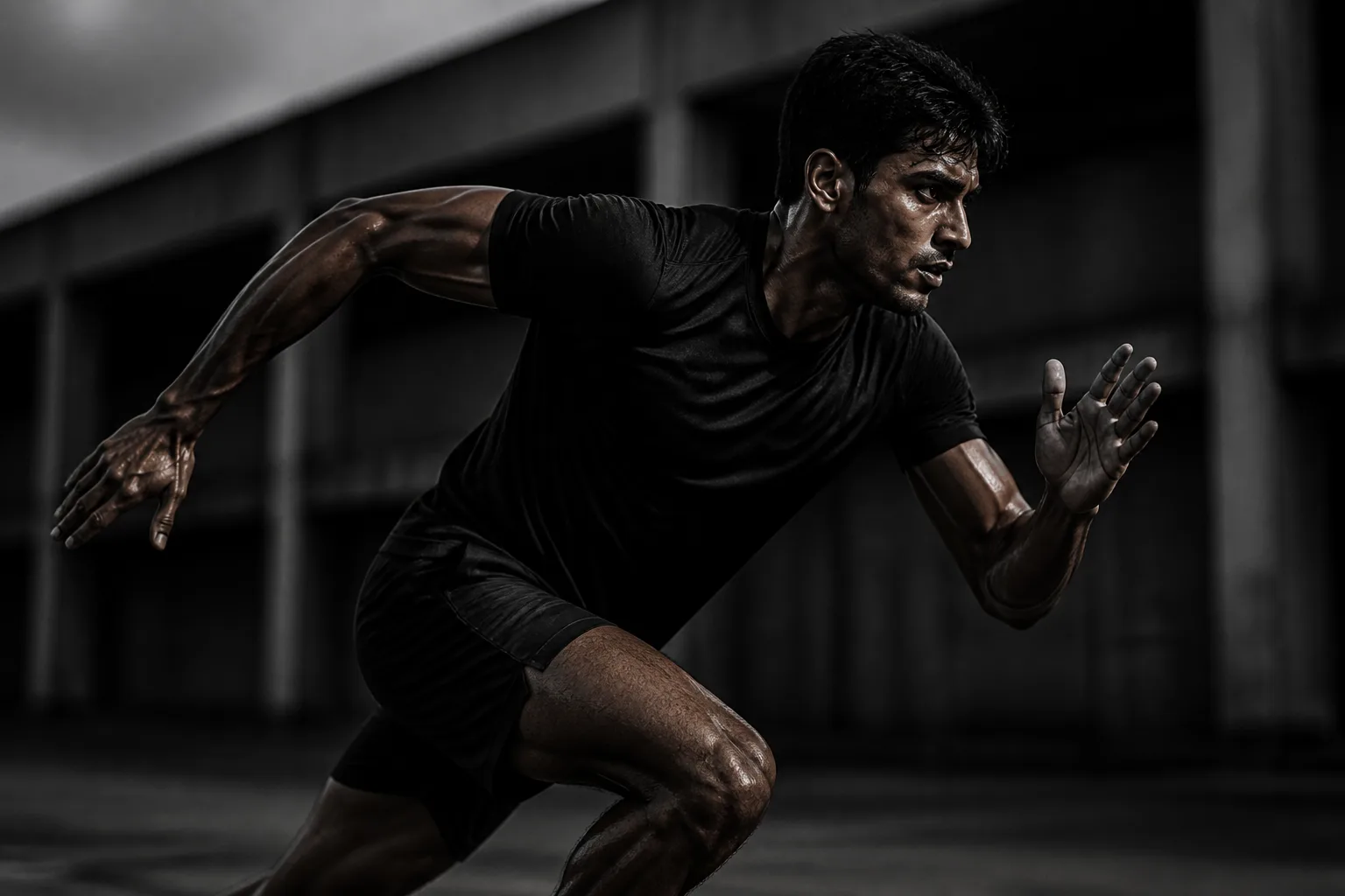 Sprinter driving out of the blocks in an all-black NVRR performance training tee and shorts