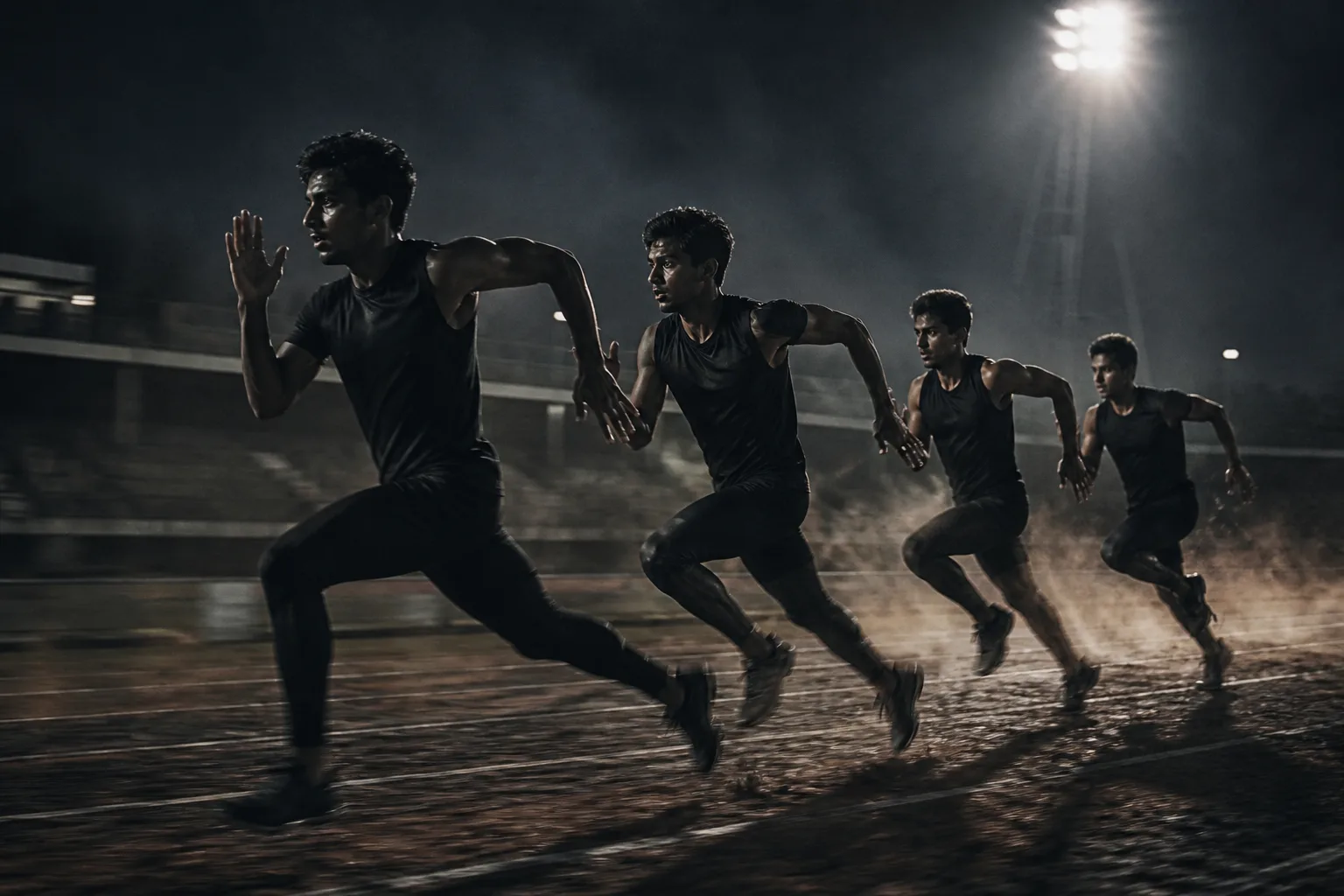 Four athletes in NVRR kit sprinting on a floodlit track