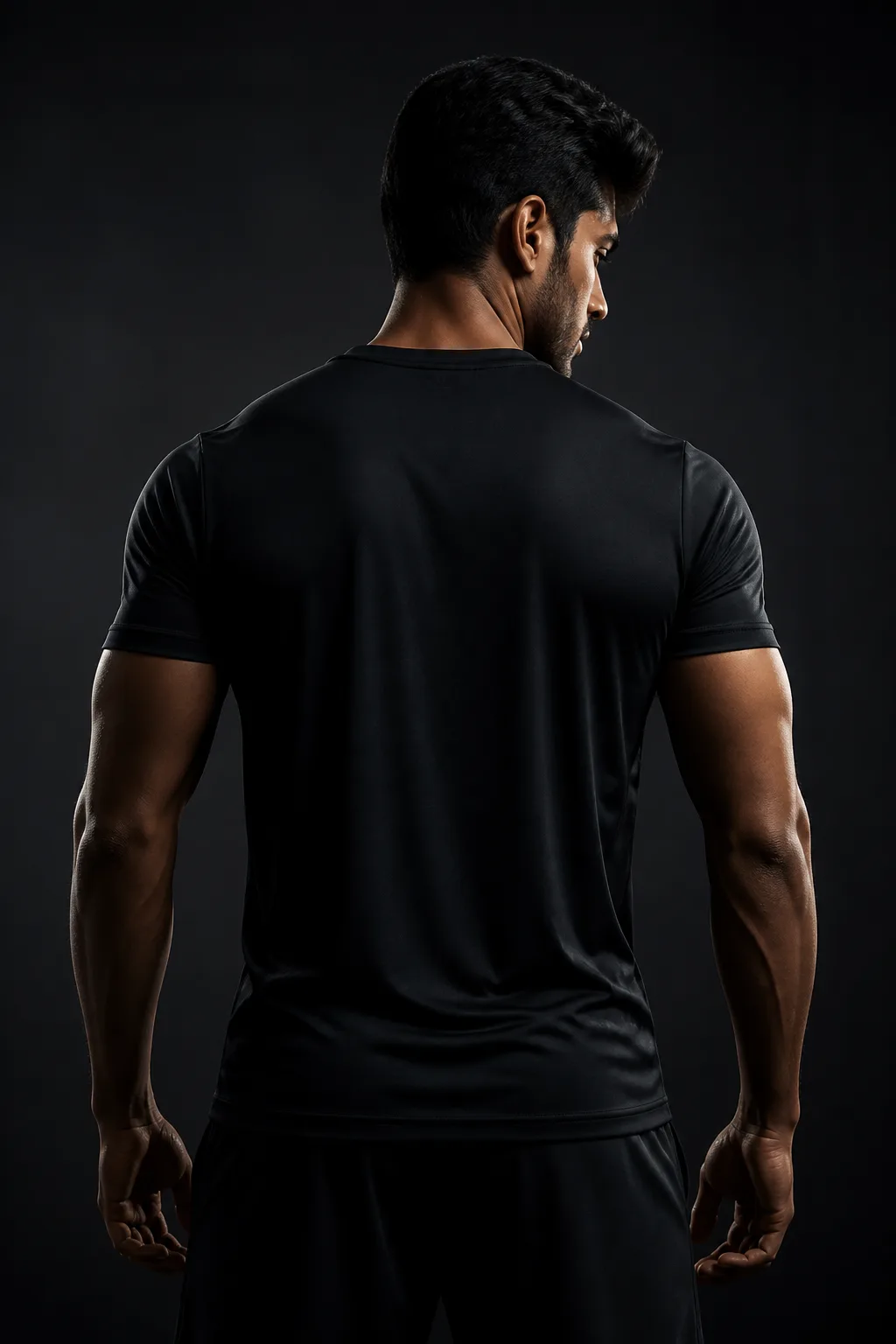 Athlete wearing a black NVRR sweat-wicking training t-shirt, back view